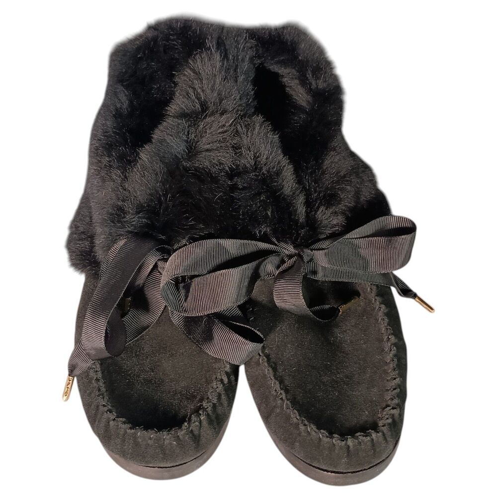 Tory Burch Aberdeen Slipper Moccasin Ankle Women 9 Leather Suede Shearling Black - Picture 6 of 13